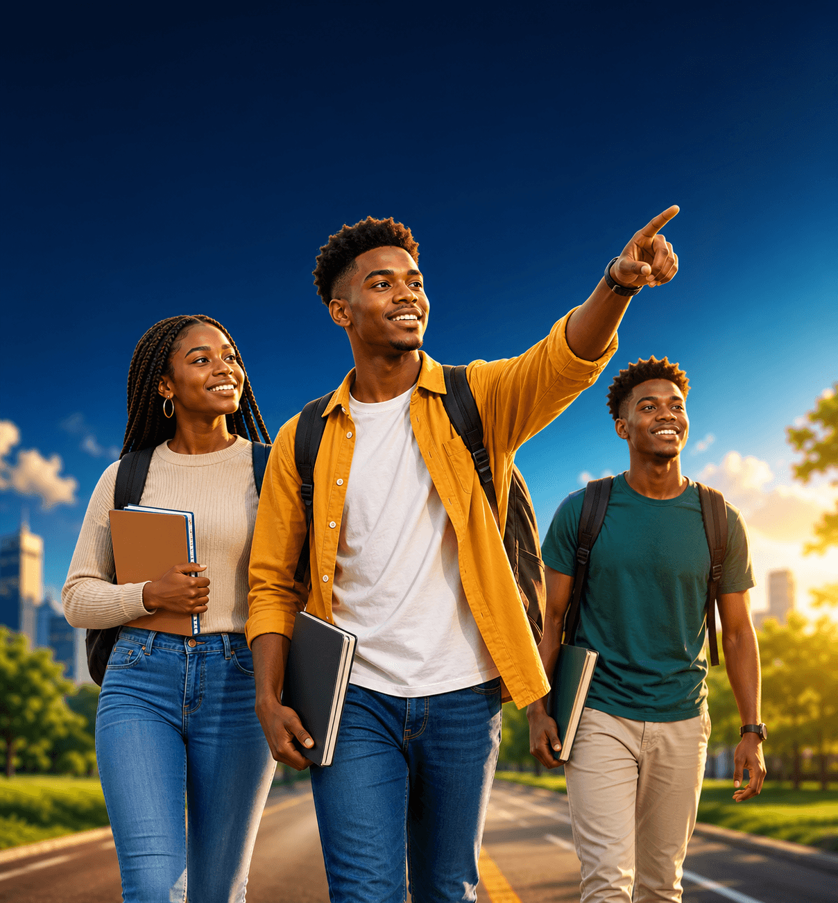 Trois Étudiants africains marchant sur la route avec un leader qui montre la direction